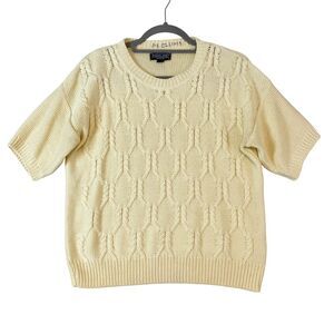 Lands End Fisherman Sweater Womens M Cream‎ Cable Knit Short Sleeve VTG 80s 90s